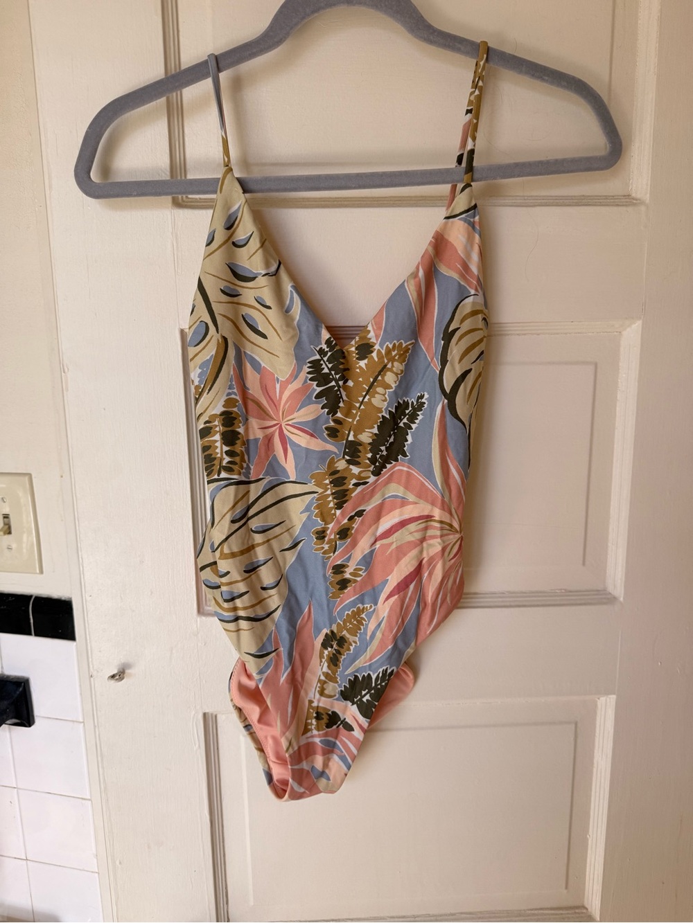 Madewell Tropical Leaf One-Piece Swimsuit in Blue, Pink, and Olive